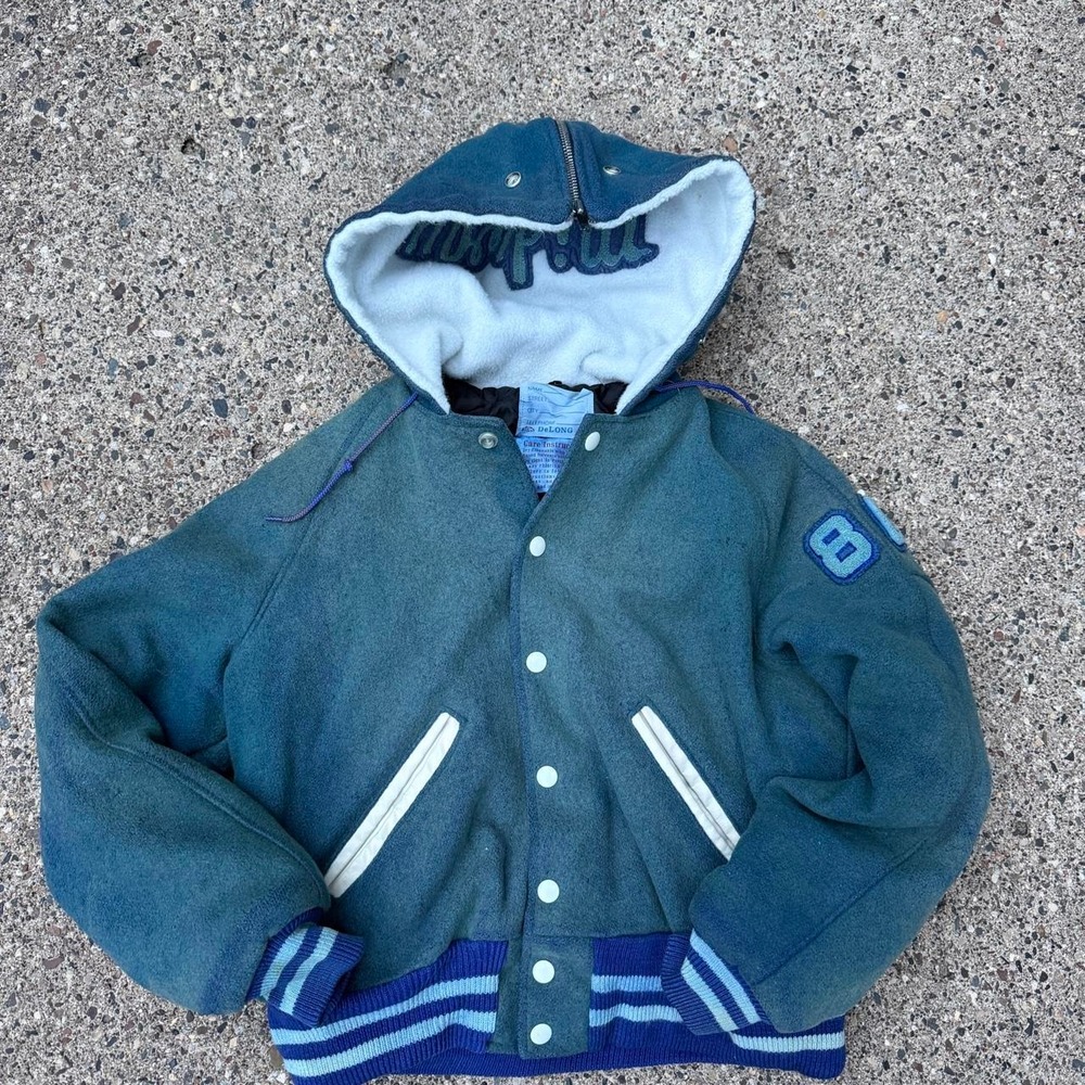 Vintage 80s DeLONG Midway Hooded Varsity Letterman Jacket USA Made Size 20